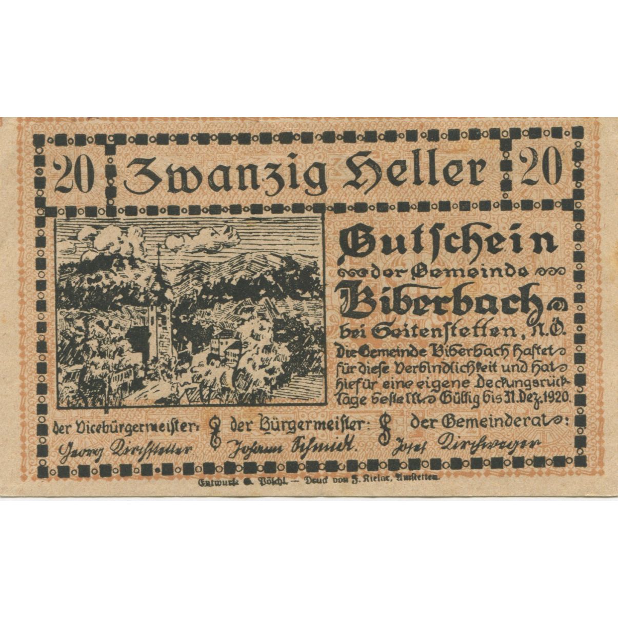 Banknote, Austria, Biberbach, 20 Heller, village, 1920 UNC(63) Mehl:FS 86Ia