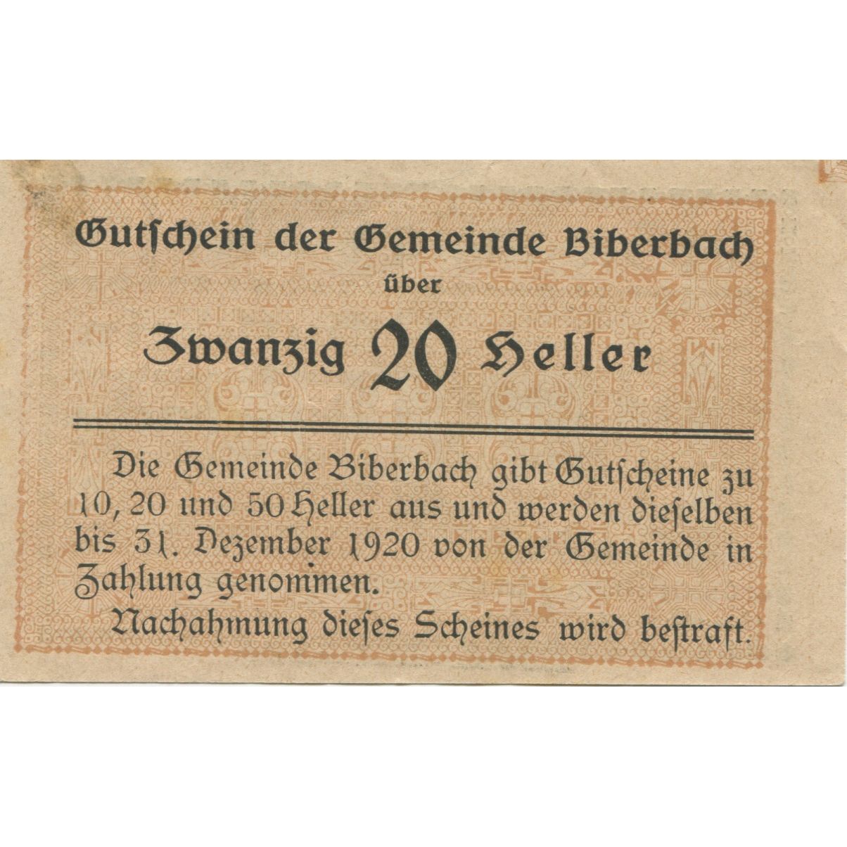 Banknote, Austria, Biberbach, 20 Heller, village, 1920 UNC(63) Mehl:FS 86Ia