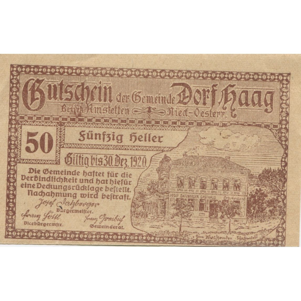 Banknote, Austria, Dorf Haag, 50 Heller, Monument, 1920 UNC(63) Mehl:FS 317c