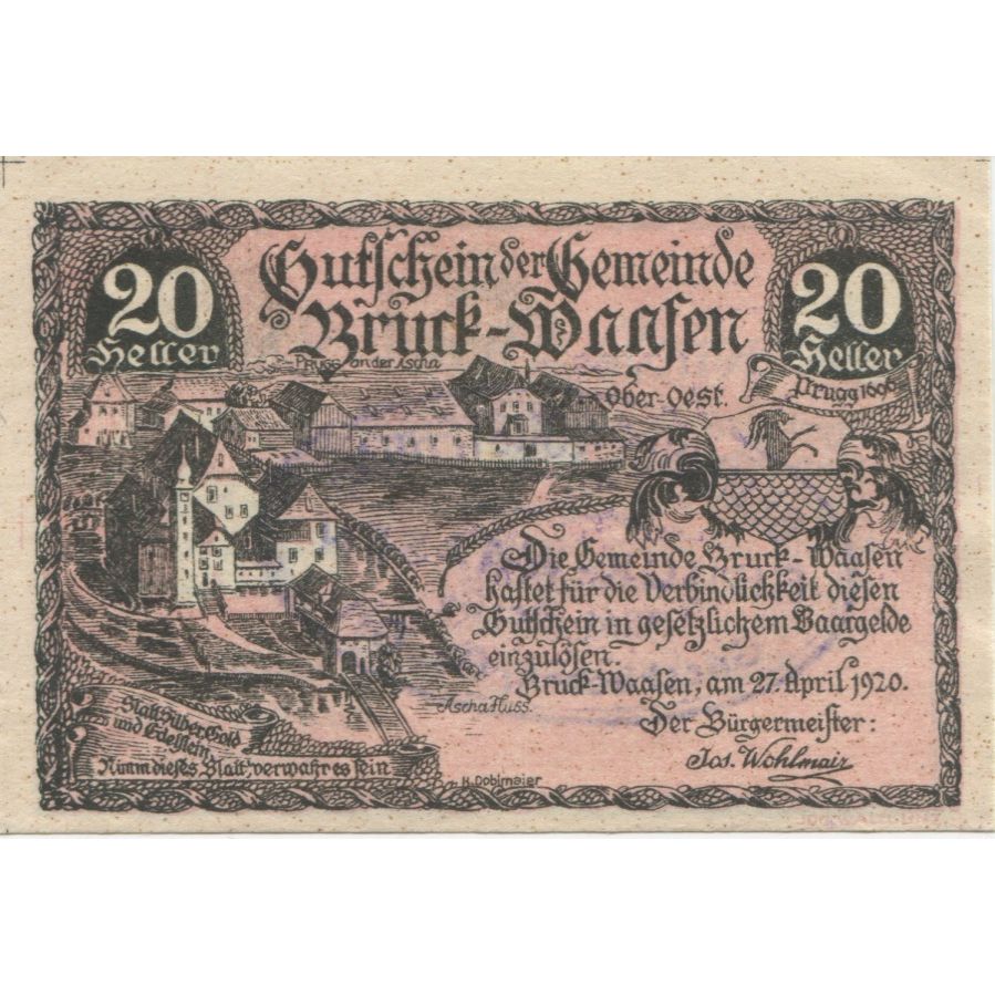 Banconote, Austria, Bruck-Waasen, 20 Heller, château 1921-03-31, SPL Mehl:FS 108