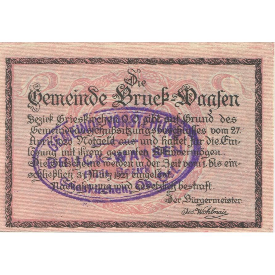 Banconote, Austria, Bruck-Waasen, 20 Heller, château 1921-03-31, SPL Mehl:FS 108