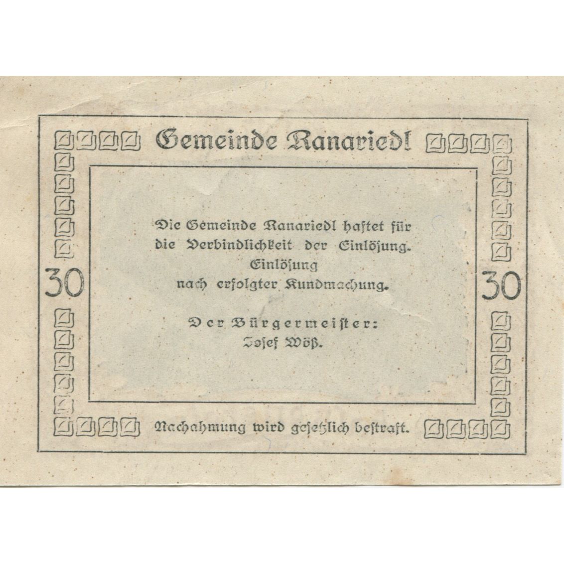 Banconote, Austria, Falkenstein, 30 Heller, paysage, 1920, SPL, Mehl:FS 127a