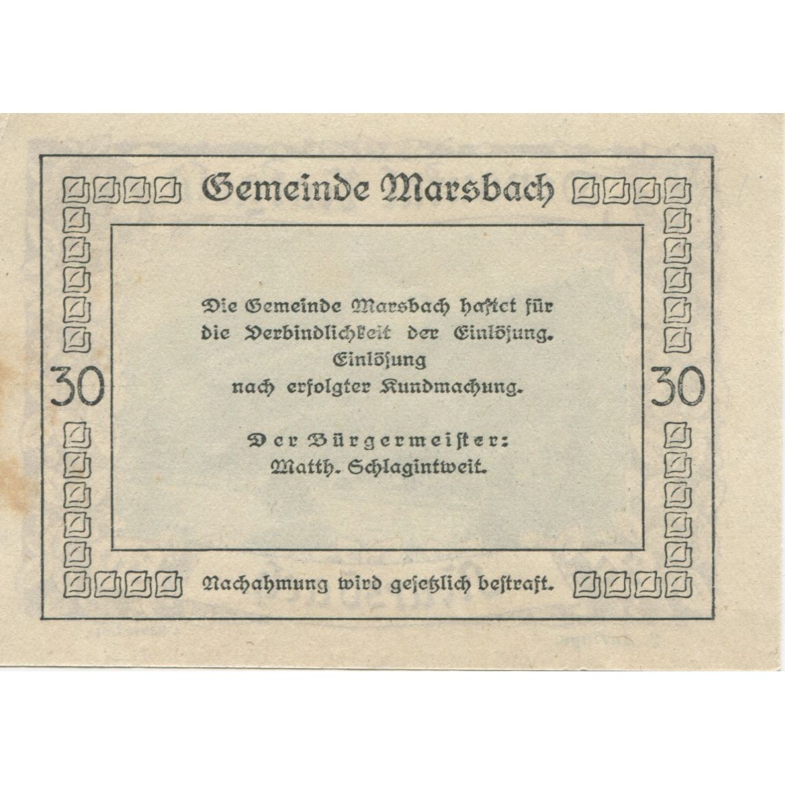 Banknote, Austria, Marsbach, 30 Heller, château, 1920, AU(55-58), Mehl:FS 127f
