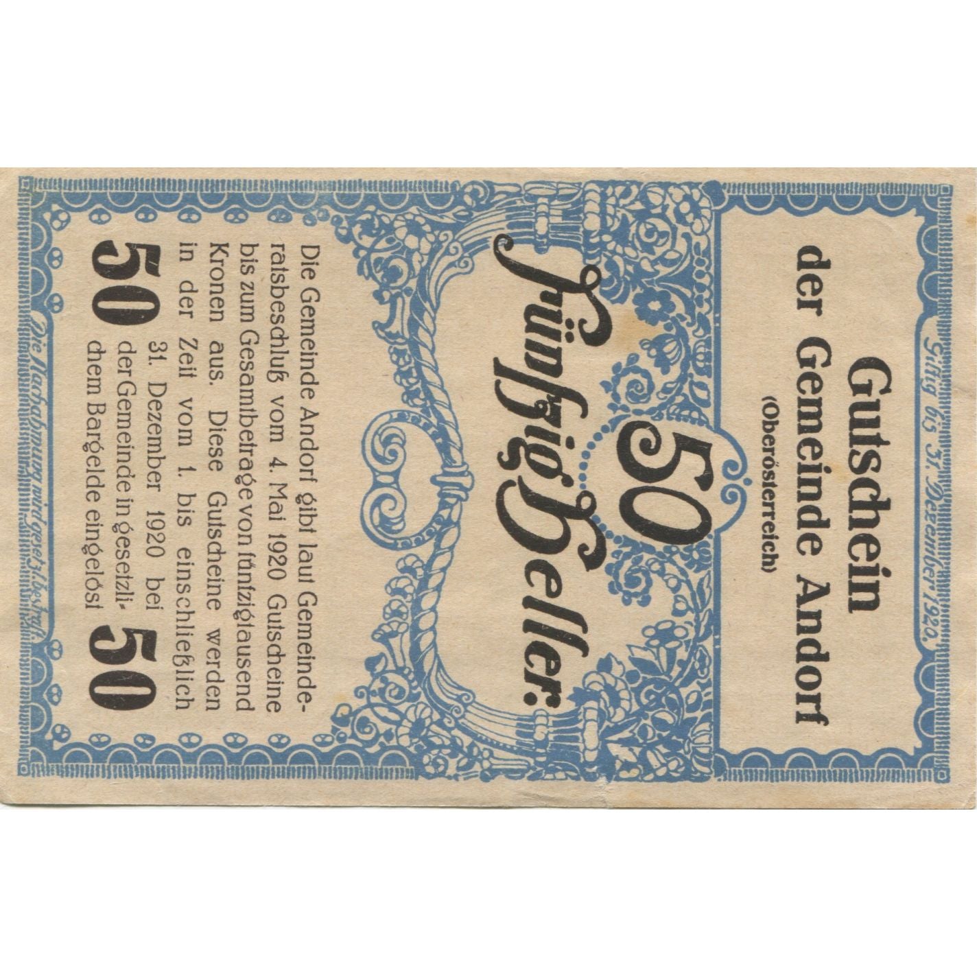 Banknote, Austria, Andorf, 50 Heller, village, 1920, UNC(63) Mehl:FS 40b