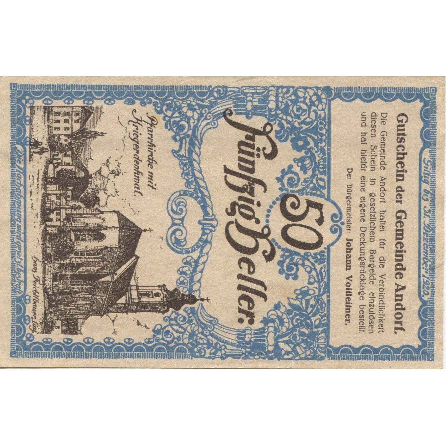 Banknote, Austria, Andorf, 50 Heller, village, 1920, UNC(63) Mehl:FS 40b