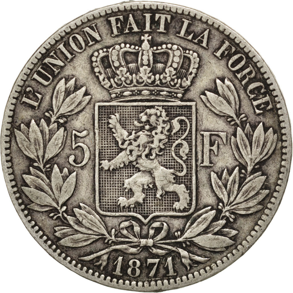 BELGIUM, 5 Francs, 5 Frank, 1871, KM #24, EF(40-45), Silver, 24.77