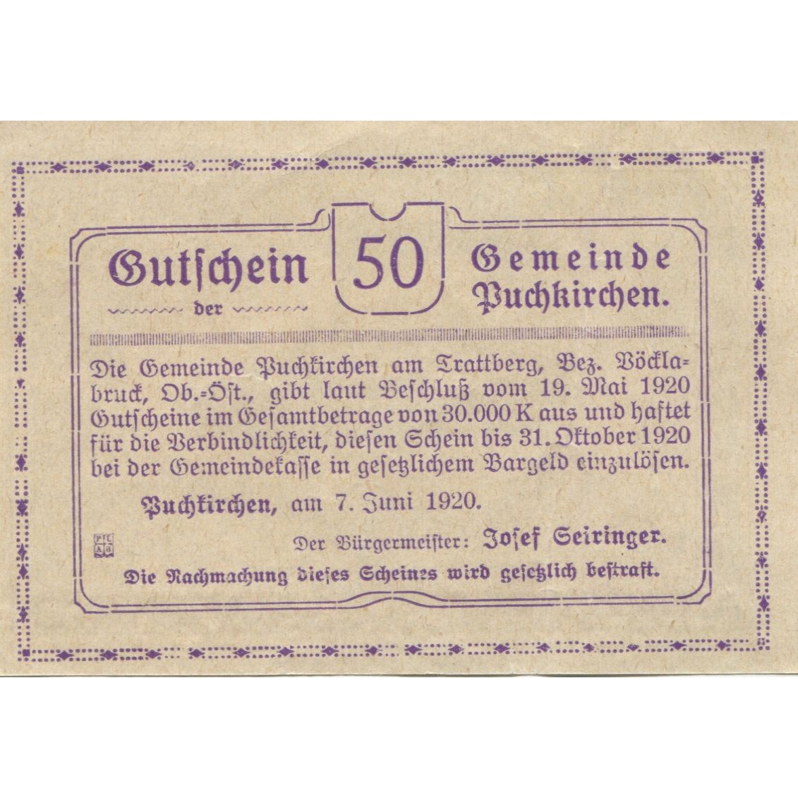 Banknote, Austria, Puchkirchen, 50 Heller, village, 1920 UNC(63) Mehl:FS 789