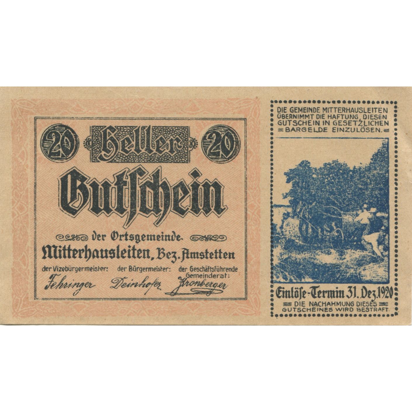 Banknote, Austria, Amstetten, 20 Heller, champs, 1920 UNC(63) Mehl:FS 37II