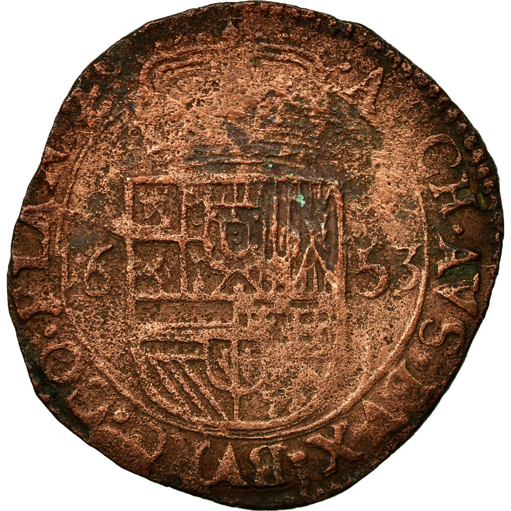 Moneta, Paesi Bassi Spagnoli, Flanders, Liard, 12 Mites, 1653, Bruges, MB, Rame