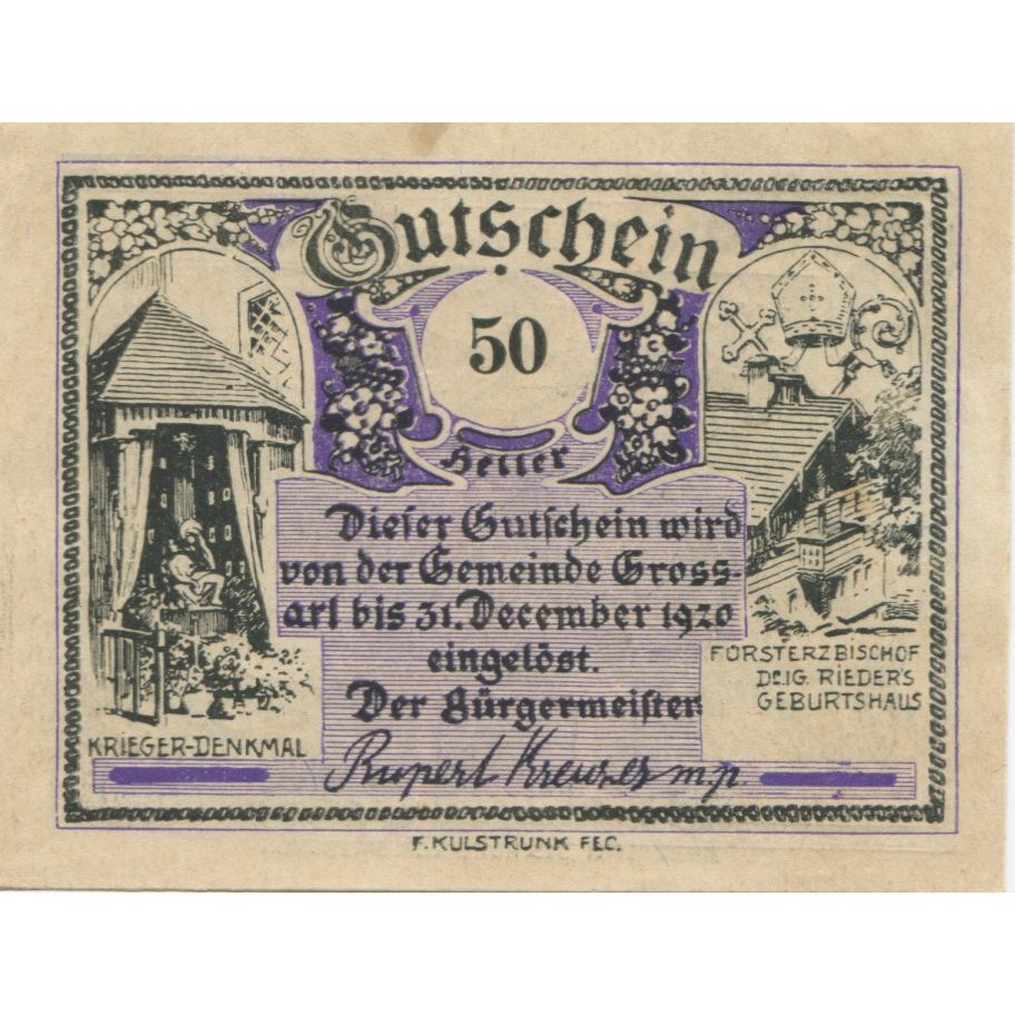 Banknote, Austria, Grossarl, 50 Heller, montagne, 1920 UNC(63) Mehl:FS 292a