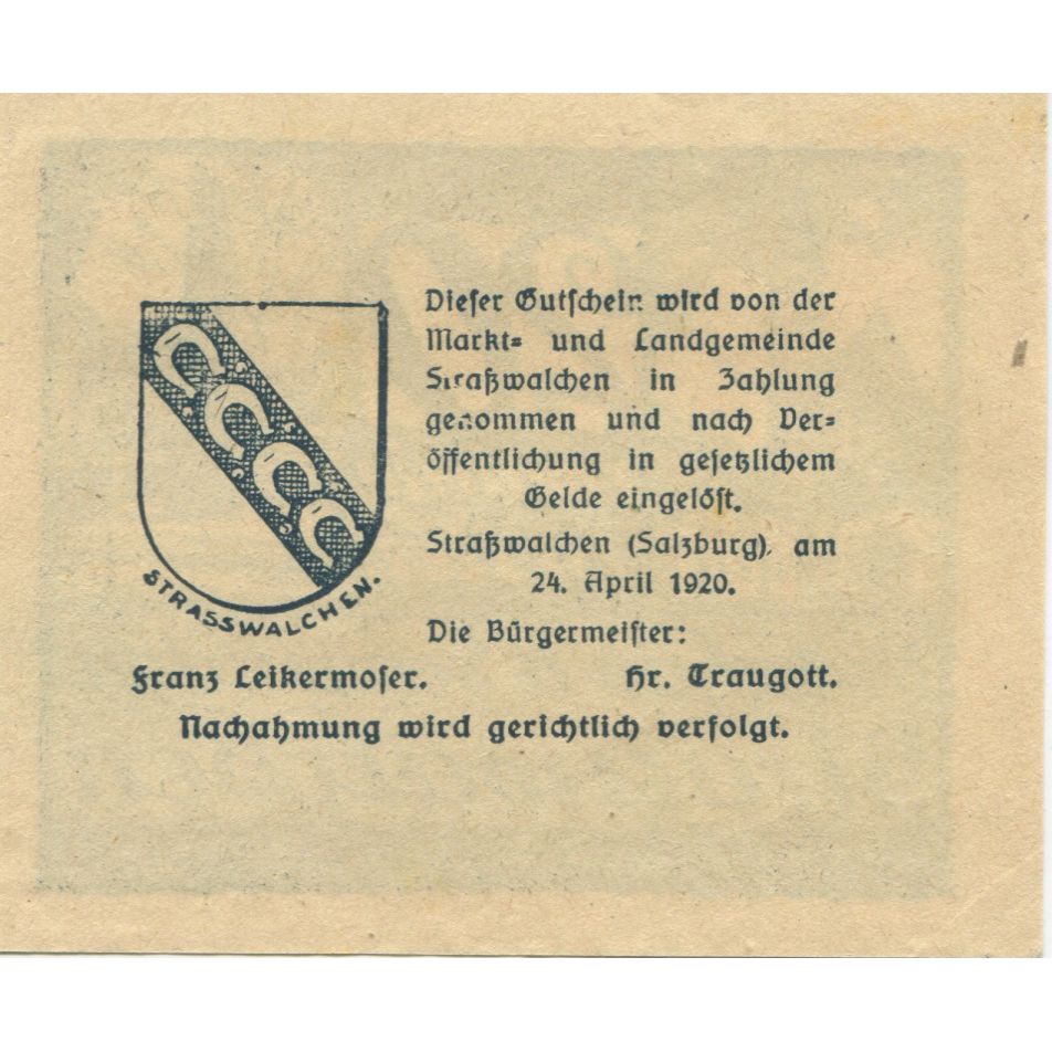 Banknote Austria Strasswalchen, 20Heller, village, 1920, UNC(63), Mehl:FS 1047a