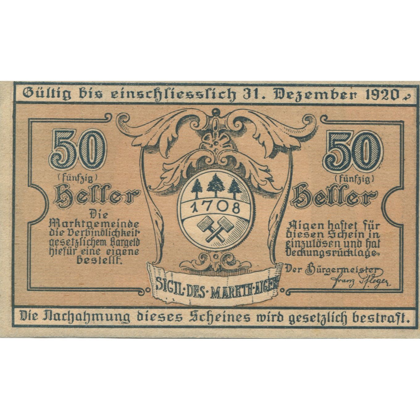 Billet, Autriche, Aigen, 50 Heller, Blason, 1920, 1920-12-31, SPL, Mehl:FS 12I