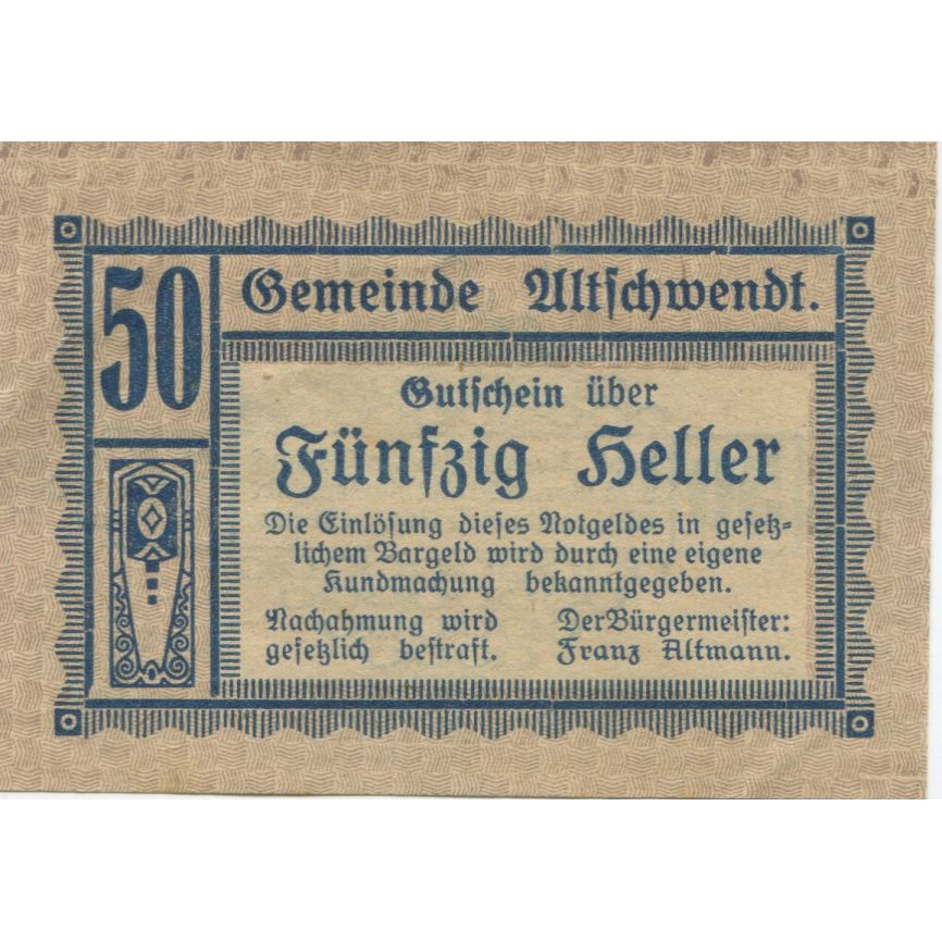 Banknote, Austria, Altschwendt, 50 Heller, Texte, 1920 UNC(63) Mehl:FS 35Ia