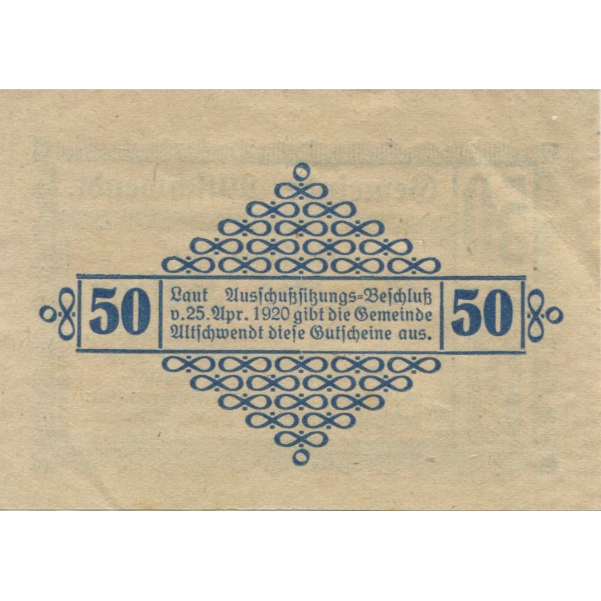 Banknote, Austria, Altschwendt, 50 Heller, Texte, 1920 UNC(63) Mehl:FS 35Ia