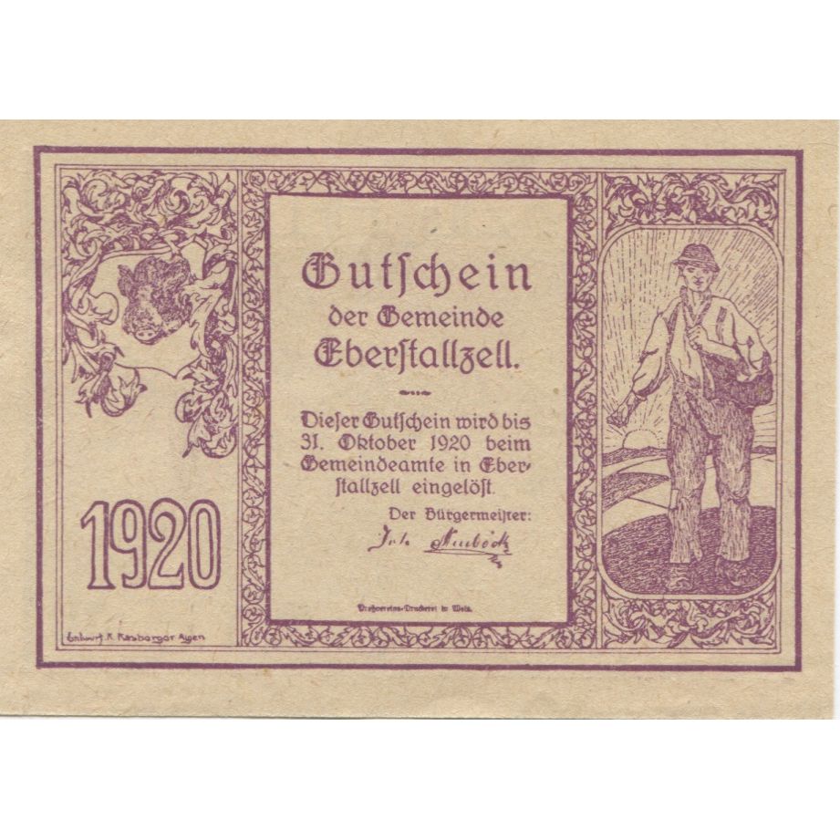 Banknote, Austria, Eberstalzell, 50Heller, personnage, 1920 UNC(63) Mehl:FS 146a