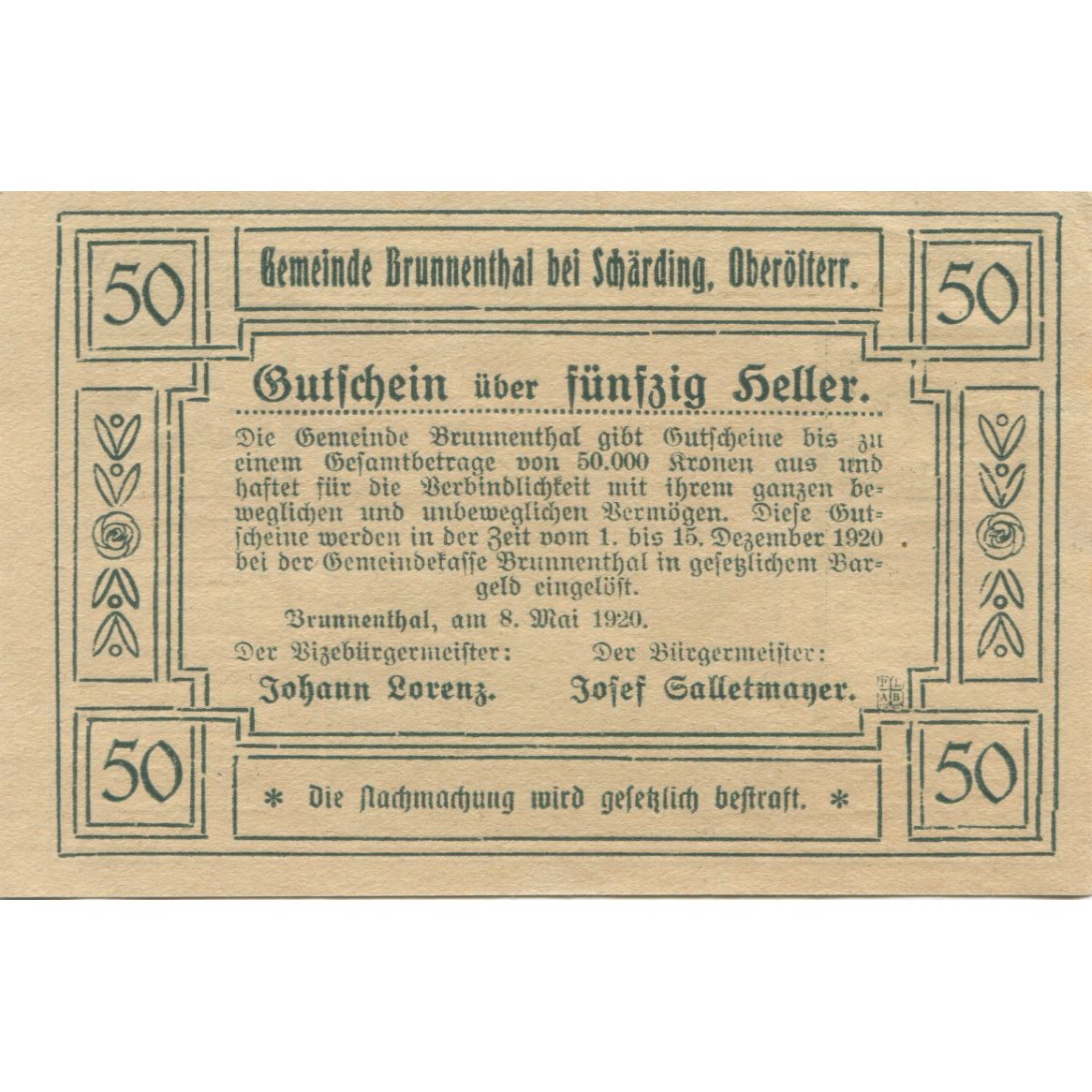 Geldschein, Österreich, Brunnenthal, 50 Heller, montagne, 1920 UNZ- Mehl:FS 111a