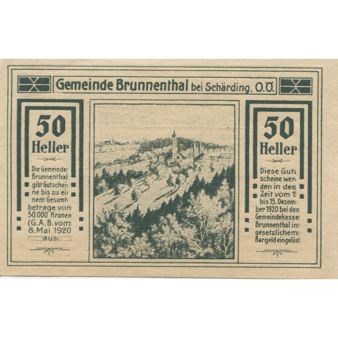 Geldschein, Österreich, Brunnenthal, 50 Heller, montagne, 1920 UNZ- Mehl:FS 111a