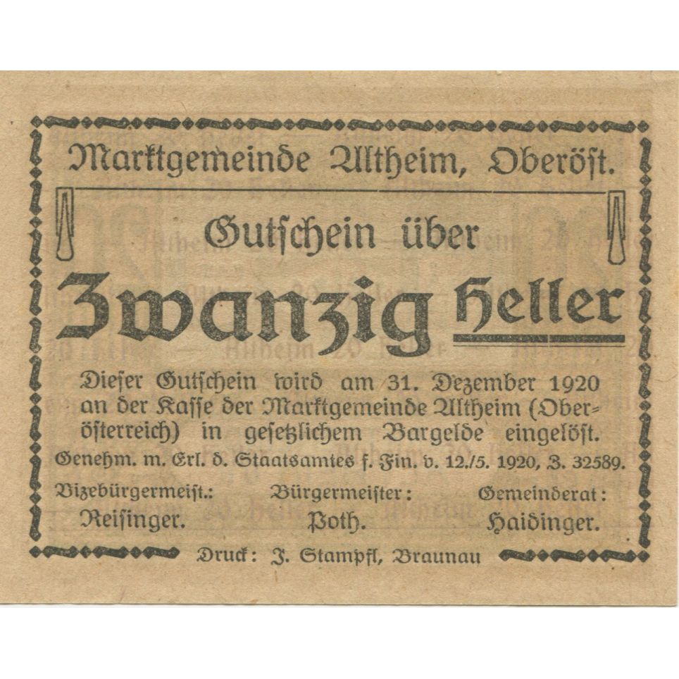 Banknote, Austria, Altheim, 20 Heller, château, 1920 UNC(63) Mehl:FS 32aF