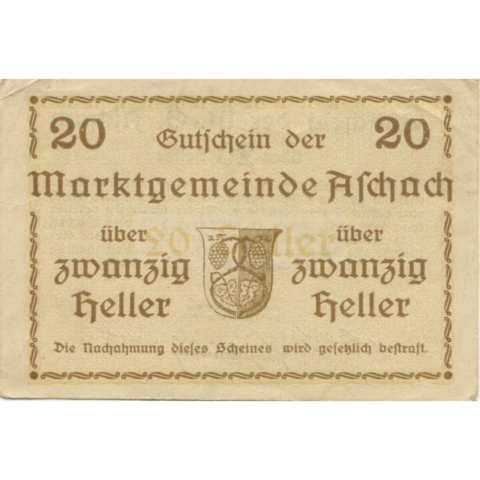Banknote, Austria, Aschach, 20 Heller, Blason, 1920 AU(55-58) Mehl:FS 53Ib