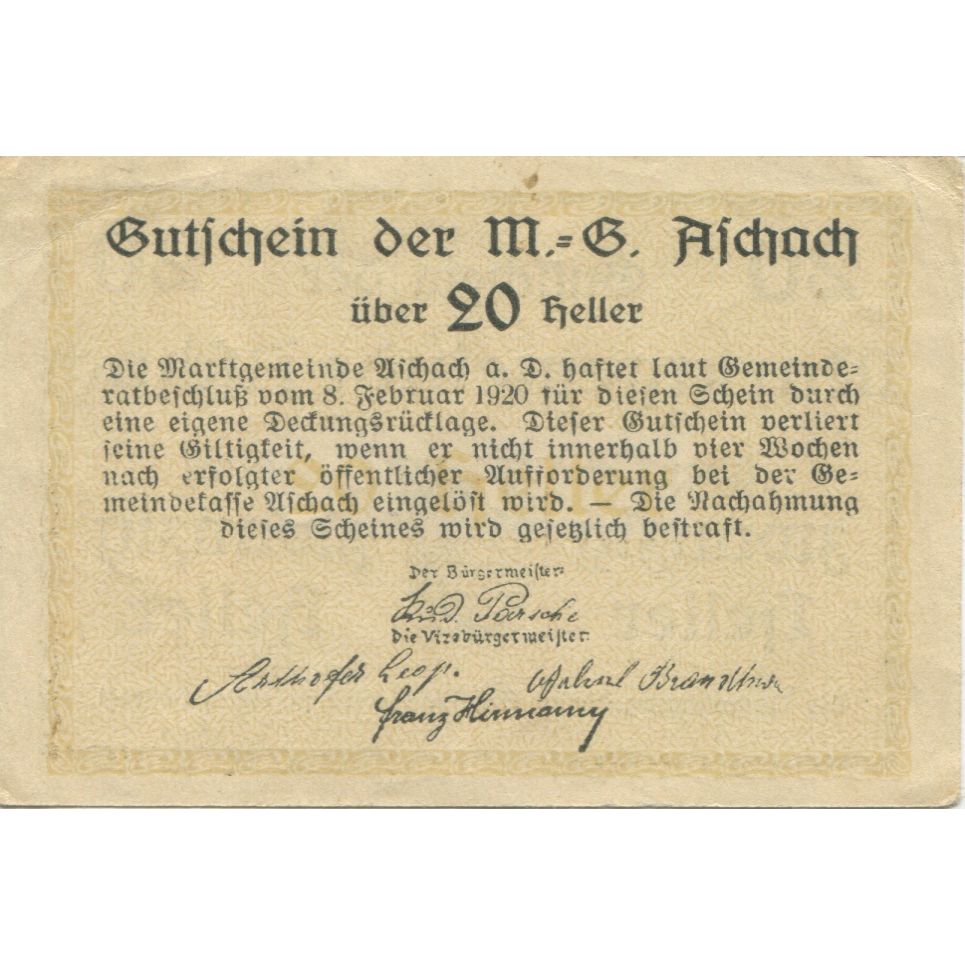 Banknote, Austria, Aschach, 20 Heller, Blason, 1920 AU(55-58) Mehl:FS 53Ib