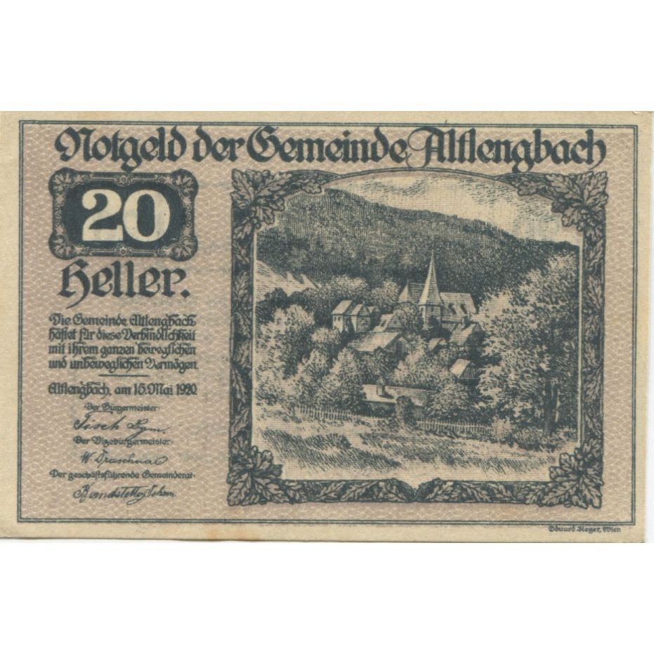 Banknote, Austria, Altlengbach, 20 Heller, paysage, 1920 UNC(63) Mehl:FS 33a
