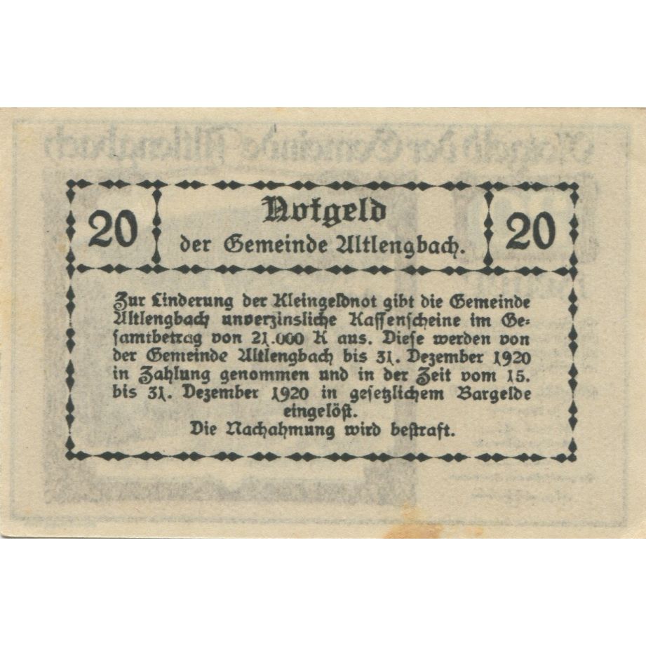 Banknote, Austria, Altlengbach, 20 Heller, paysage, 1920 UNC(63) Mehl:FS 33a