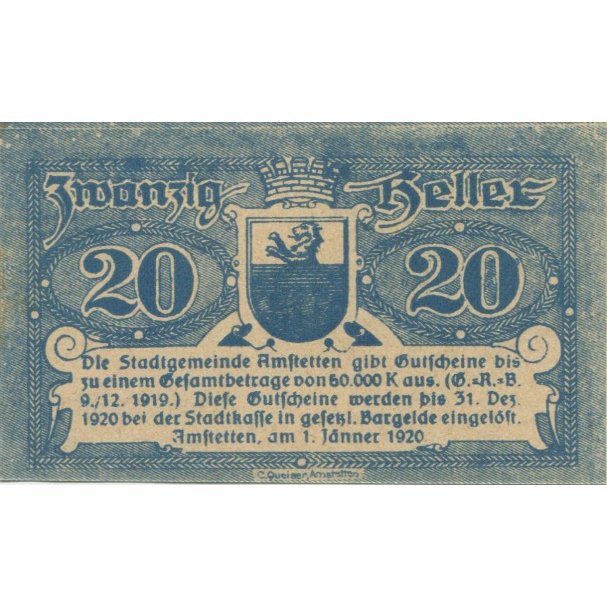 Banknote, Austria, Amstetten, 20 Heller, Blason, 1920 UNC(63) Mehl:FS 37Ic