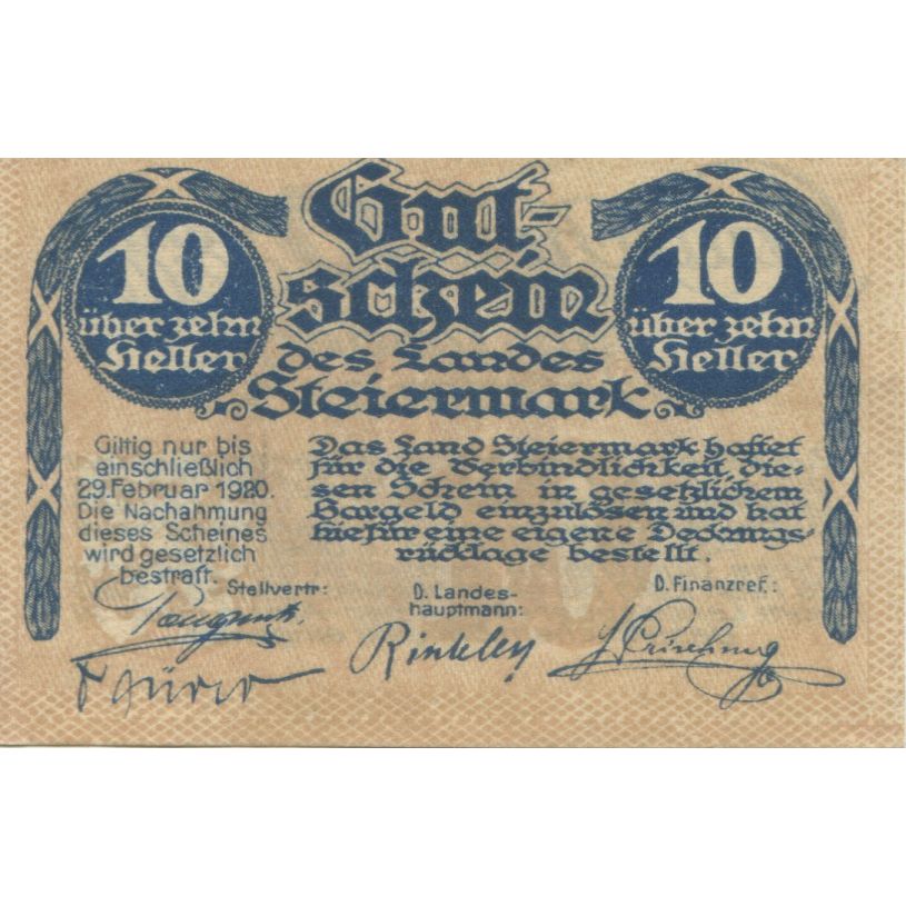 Banconote, Austria, Steiermark, 10 Heller, Texte 1920-02-29, SPL Mehl:FS 1014a