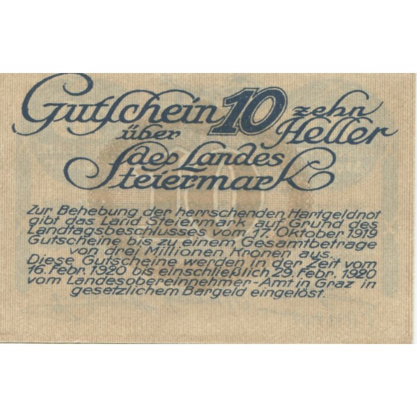 Banconote, Austria, Steiermark, 10 Heller, Texte 1920-02-29, SPL Mehl:FS 1014a
