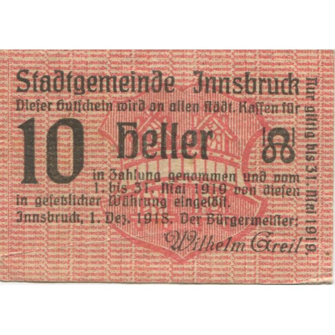 Banknote, Austria, Innsbruck, 10 Heller, Blason, 1919 EF(40-45) Mehl:FS 409a