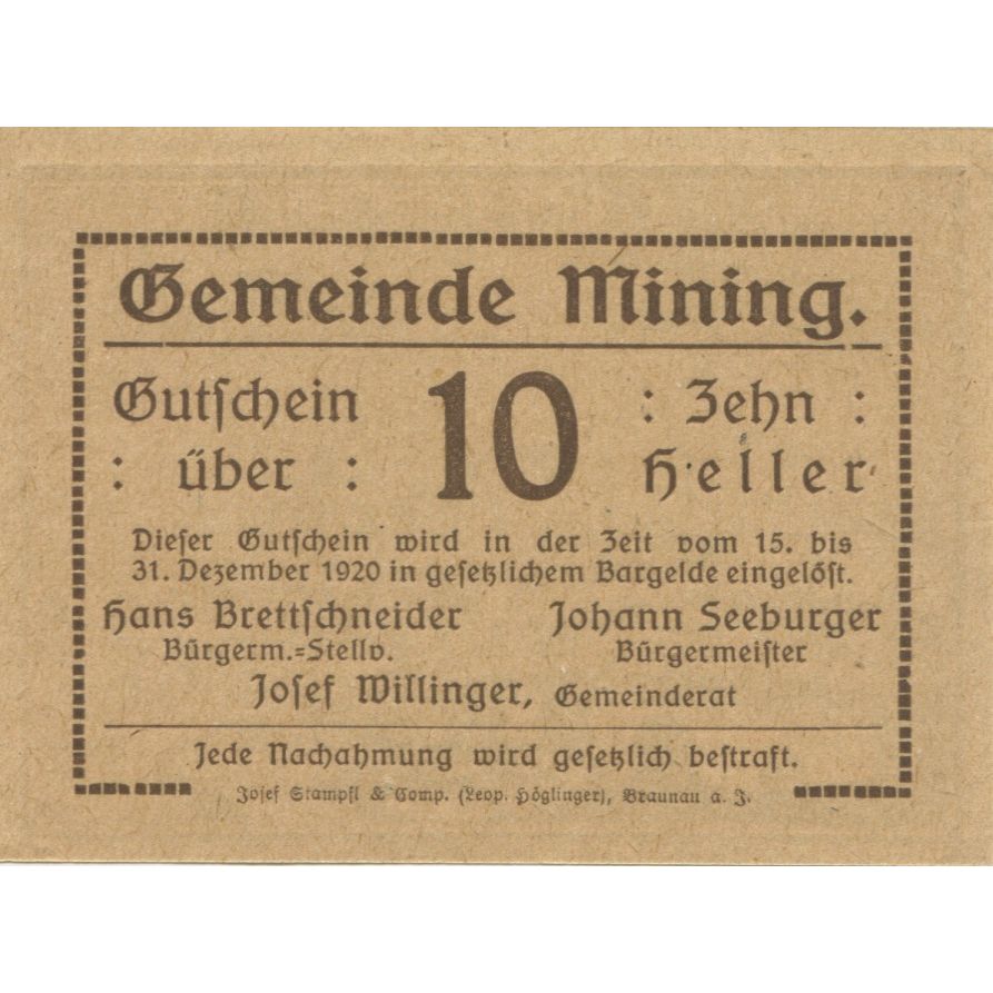 Billete, Austria, Mining, 10 Heller, château, 1920-12-31, SC Mehl:FS 613a