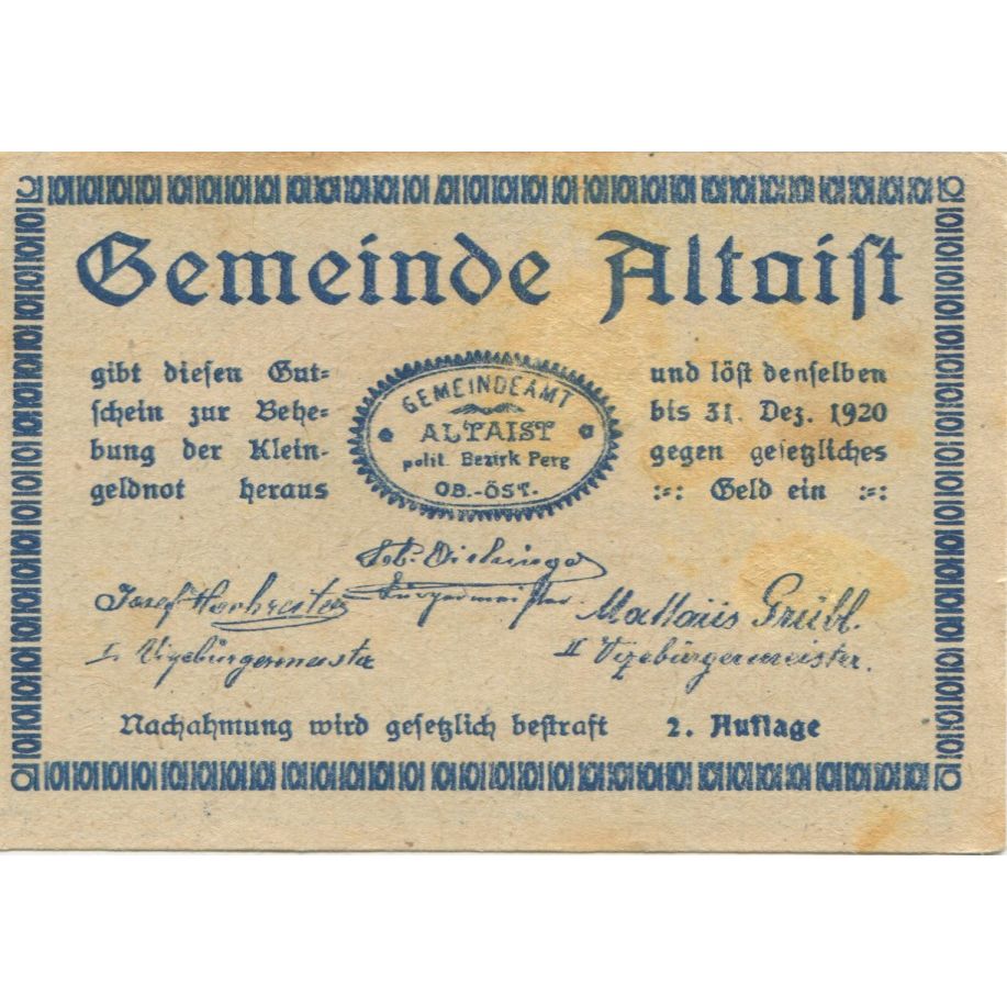 Banknote, Austria, Altaist, 20 Heller, Maison, 1920 AU(55-58) Mehl:FS 23b3