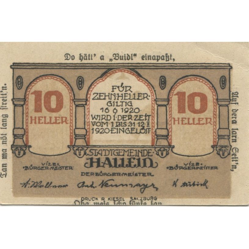 Geldschein, Österreich, Hallein, 10 Heller, Usine 1920-01-31 UNZ- Mehl:FS 344IIc