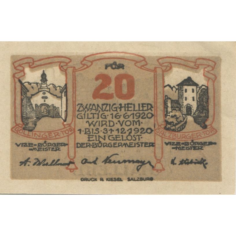 Banknote, Austria, Hallein, 20 Heller, fleuve, 1920 UNC(63) Mehl:FS 344IIa