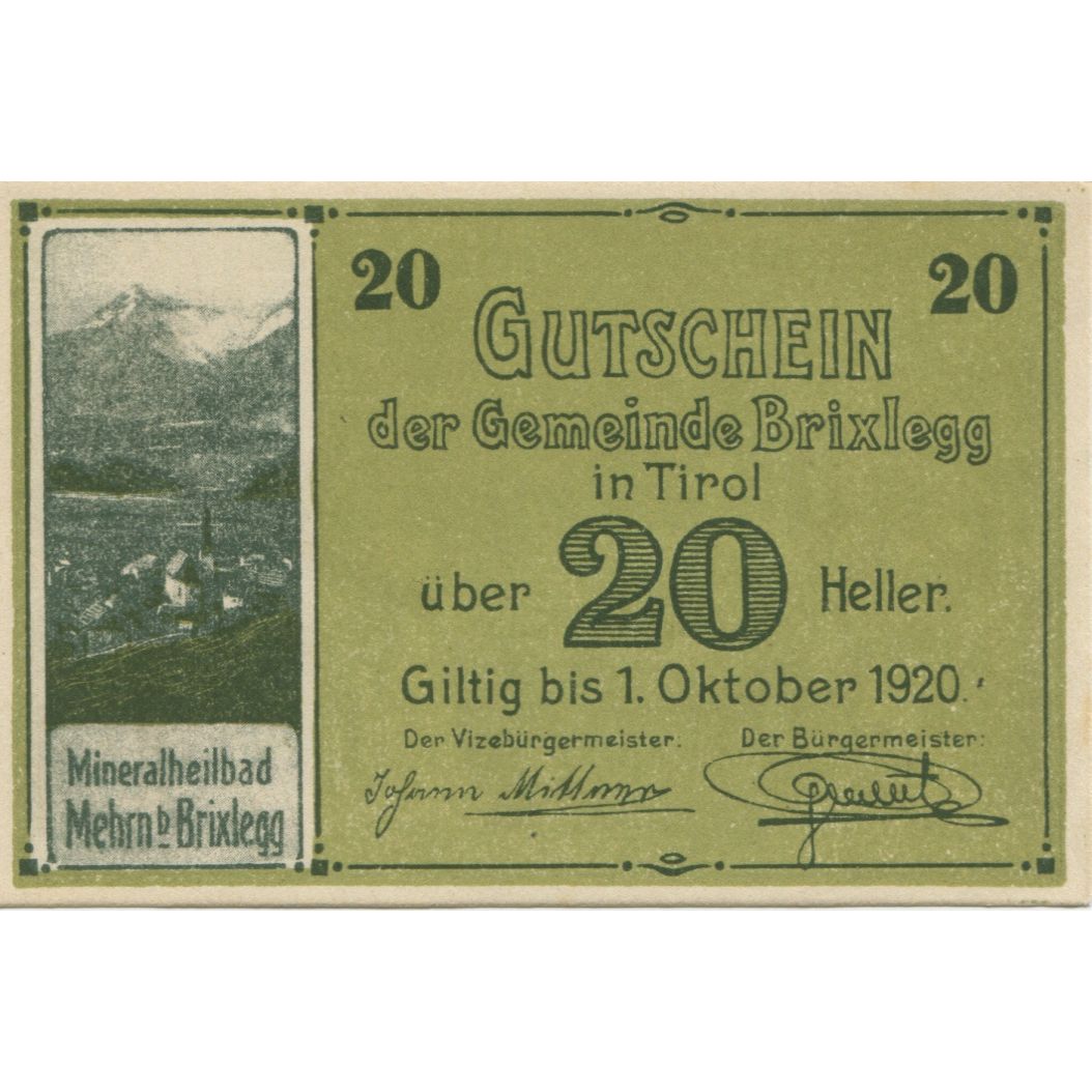 Banknote, Austria, Brixlegg, 20 Heller, montagne, 1920 UNC(63) Mehl:FS 104a