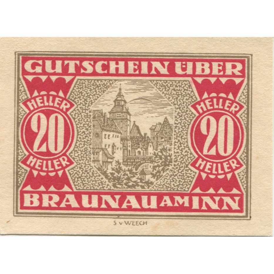Banknote, Austria, Braunau, 20 Heller, village, 1920 UNC(63) Mehl:FS 101