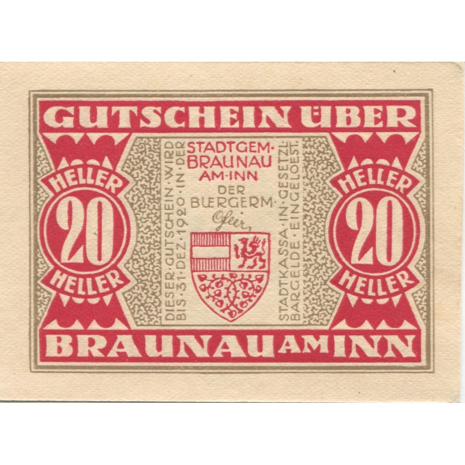 Banknote, Austria, Braunau, 20 Heller, village, 1920 UNC(63) Mehl:FS 101
