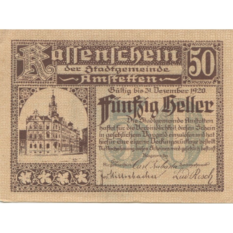 Banknote, Austria, Amstetten, 50 Heller, Eglise, 1920 UNC(63) Mehl:FS 37Ia