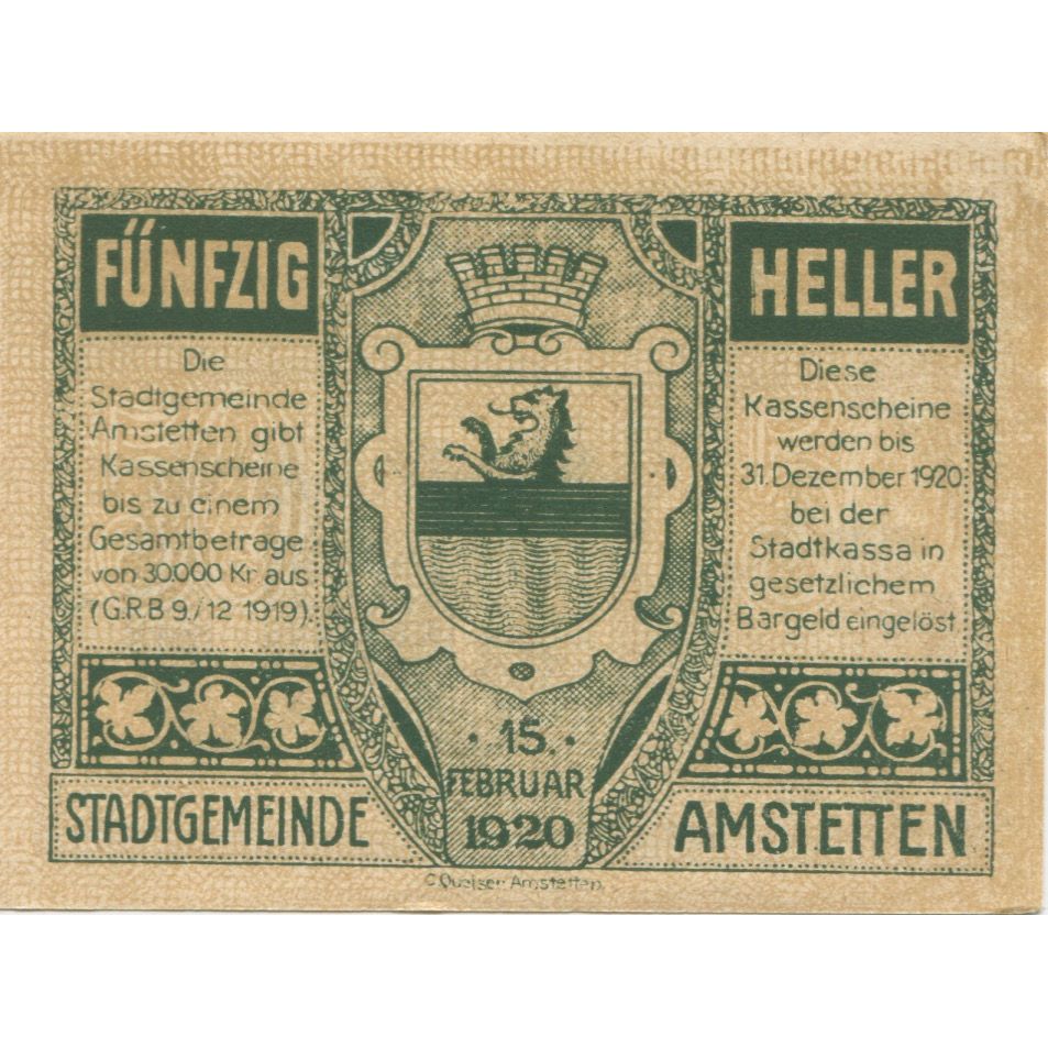 Banknote, Austria, Amstetten, 50 Heller, Eglise, 1920 UNC(63) Mehl:FS 37Ia
