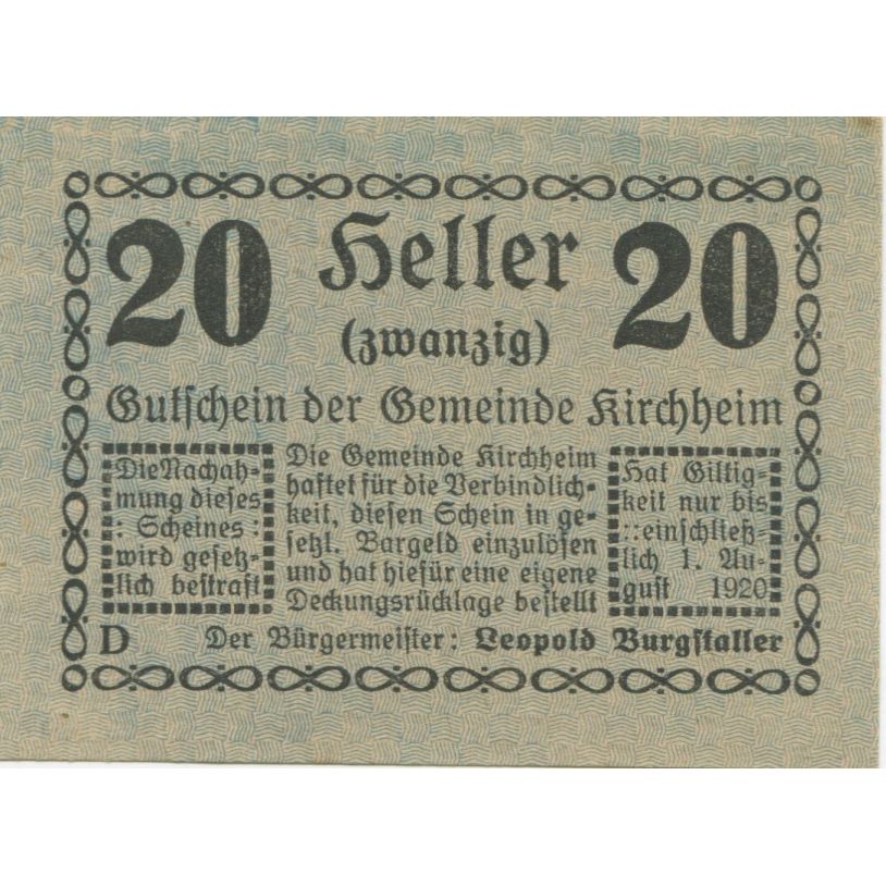 Banknote, Austria, Kirchheim, 20 Heller, Texte 1920-08-01 UNC(63) Mehl:FS 447IIa