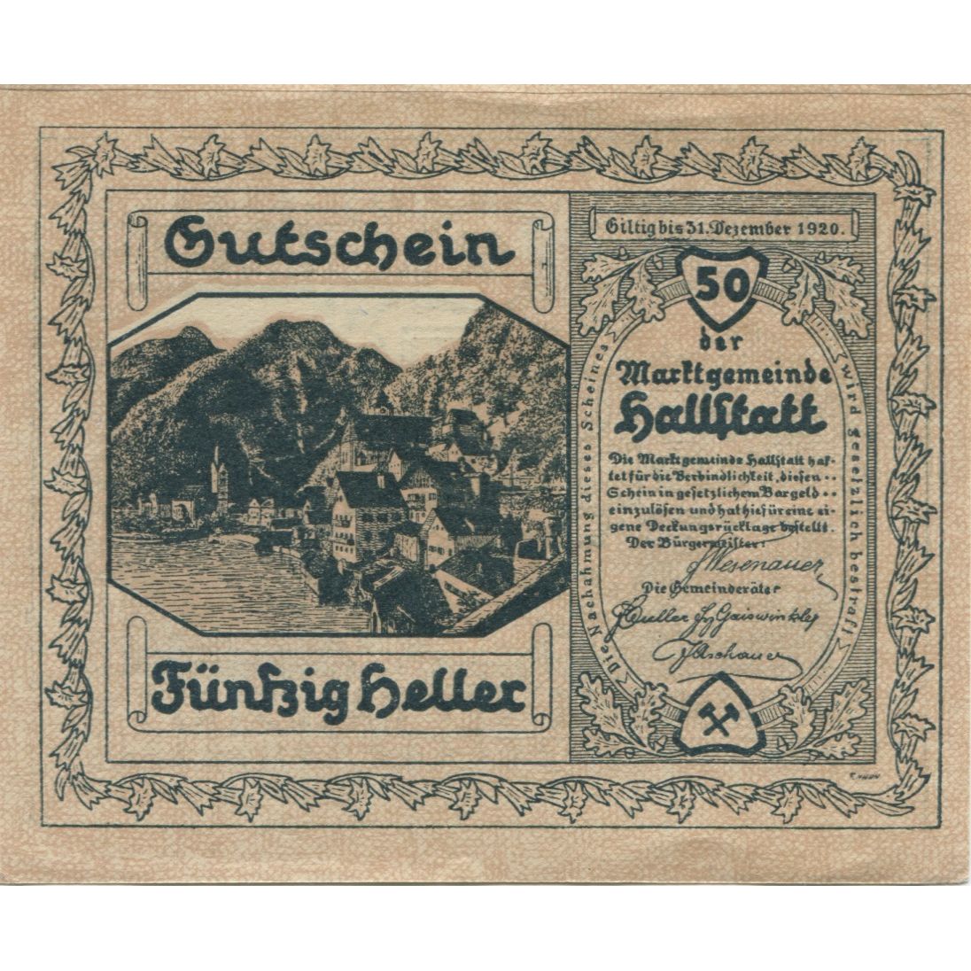 Geldschein, Österreich, Hallstatt, 50 Heller, montagne 1920 VZ Mehl:FS 345