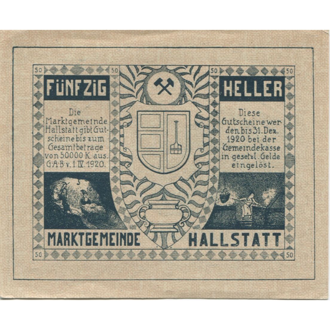 Geldschein, Österreich, Hallstatt, 50 Heller, montagne 1920 VZ Mehl:FS 345