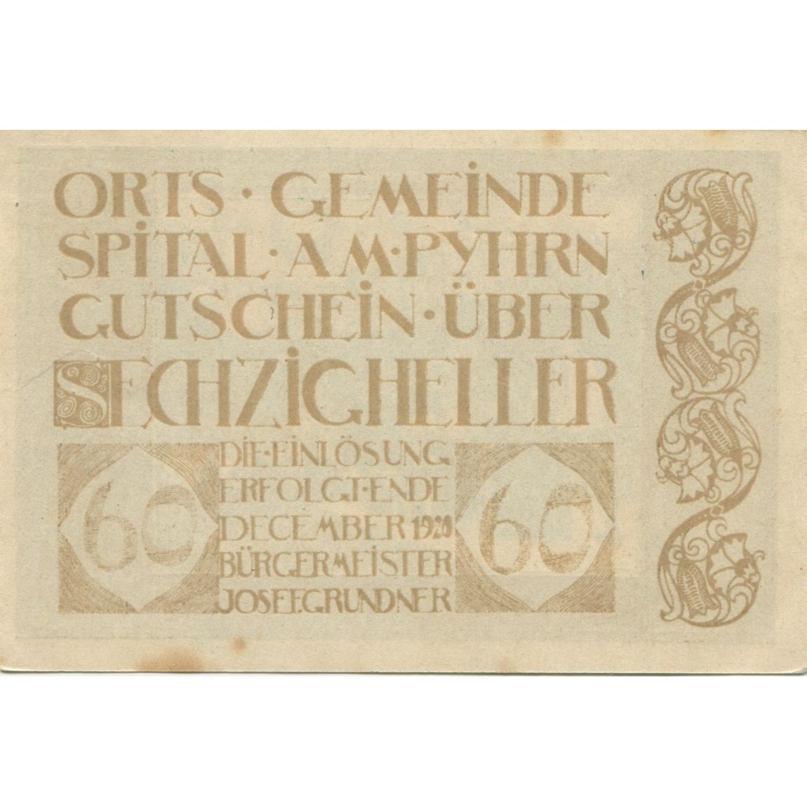 Banknote Austria Spital 60 Heller, personnage, 1920, AU(55-58), Mehl:FS 1007IIb