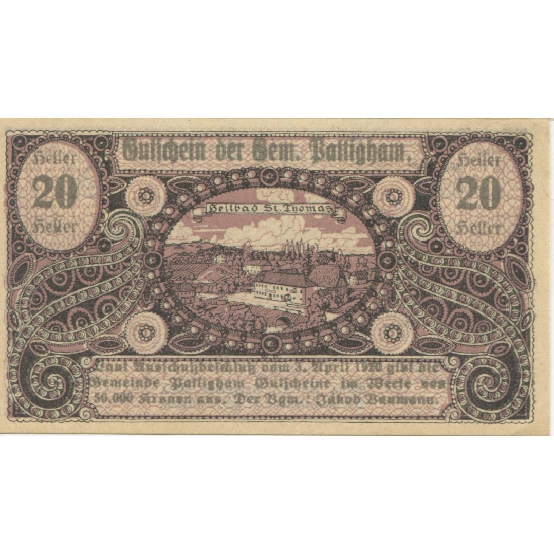 Banknote, Austria, Pattigham, 20 Heller, château, 1920 UNC(63) Mehl:FS 723a