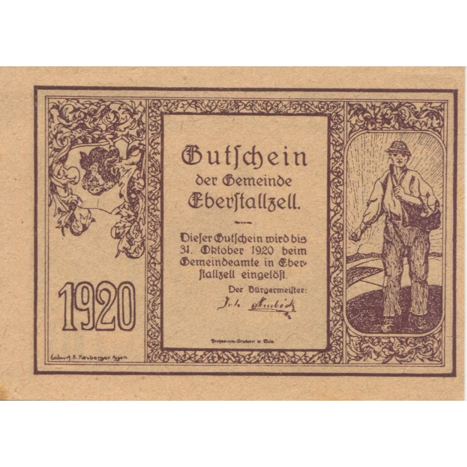 Banknote, Austria, Eberstalzell, 10 Heller, personnage, 1920 UNC(63) Mehl:FS 146