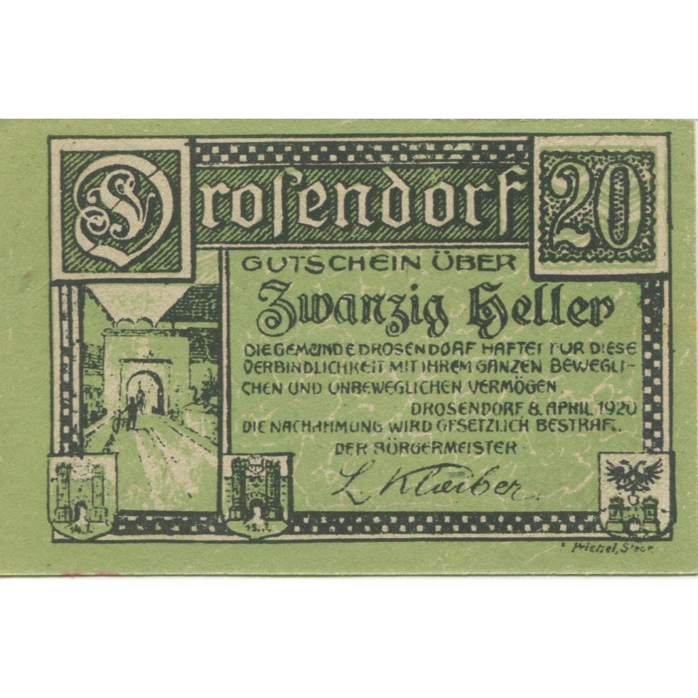 Banknote, Austria, Drosendorf, 20 Heller, château, 1920, UNC(63), Mehl:FS 134a
