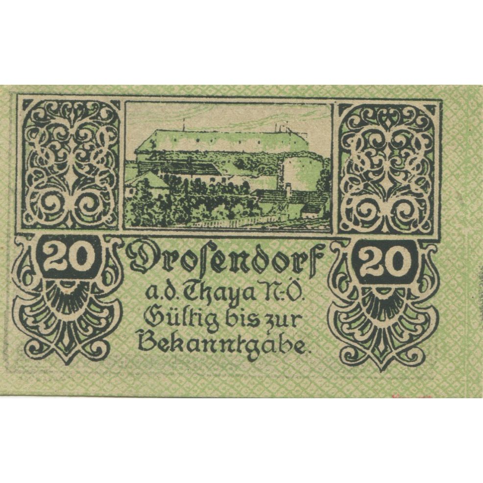 Banknote, Austria, Drosendorf, 20 Heller, château, 1920, UNC(63), Mehl:FS 134a