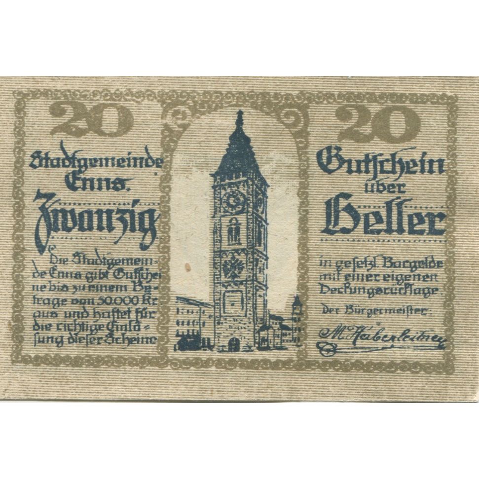 Banknote, Austria, Enns, 20 Heller, Blason 1920-12-31, UNC(63) Mehl:FS 174Ia