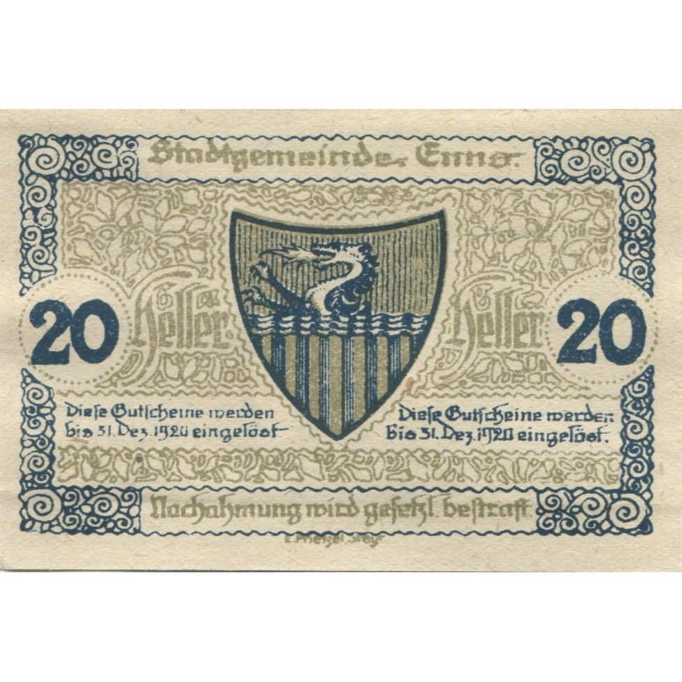 Banknote, Austria, Enns, 20 Heller, Blason 1920-12-31, UNC(63) Mehl:FS 174Ia