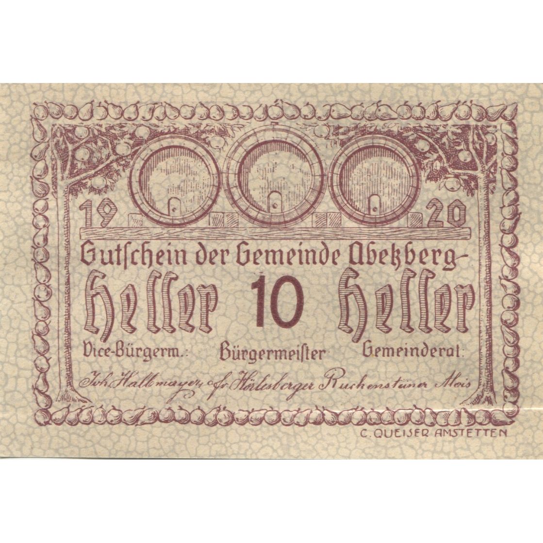Banknote, Austria, Abetzberg, 10 Heller, blé 1920-12-31, UNC(63) Mehl:FS 1aII